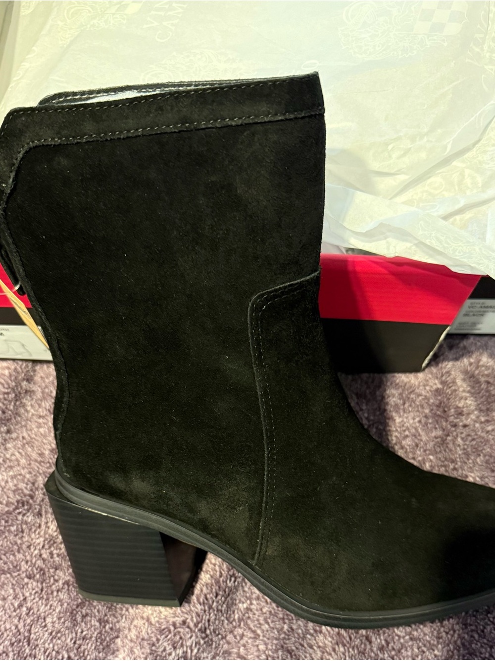Vince Camuto Black Suede Mid-Calf Block Heel Boots